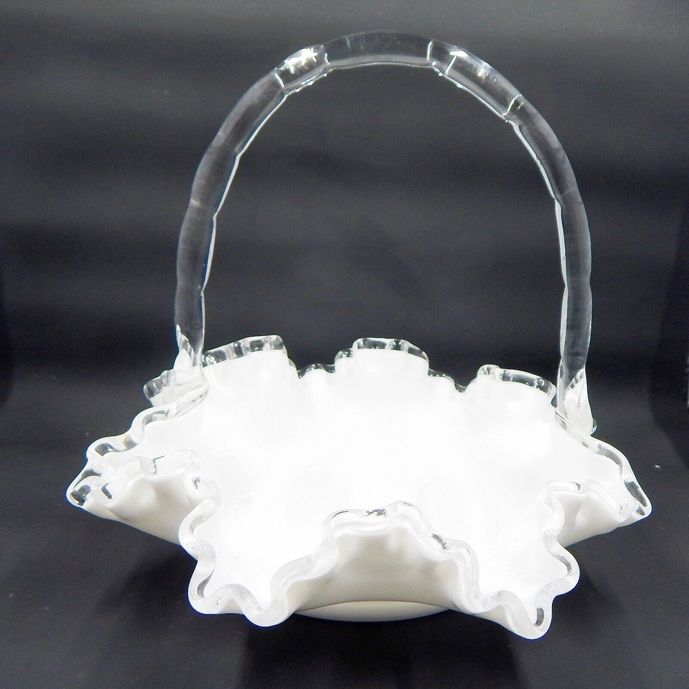 Fenton Silver Crest Milk Glass Basket Ruffled Handle White Clear